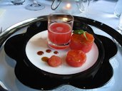 Amuse bouche: Watermelon brûlée, watermelon juice with sherry.